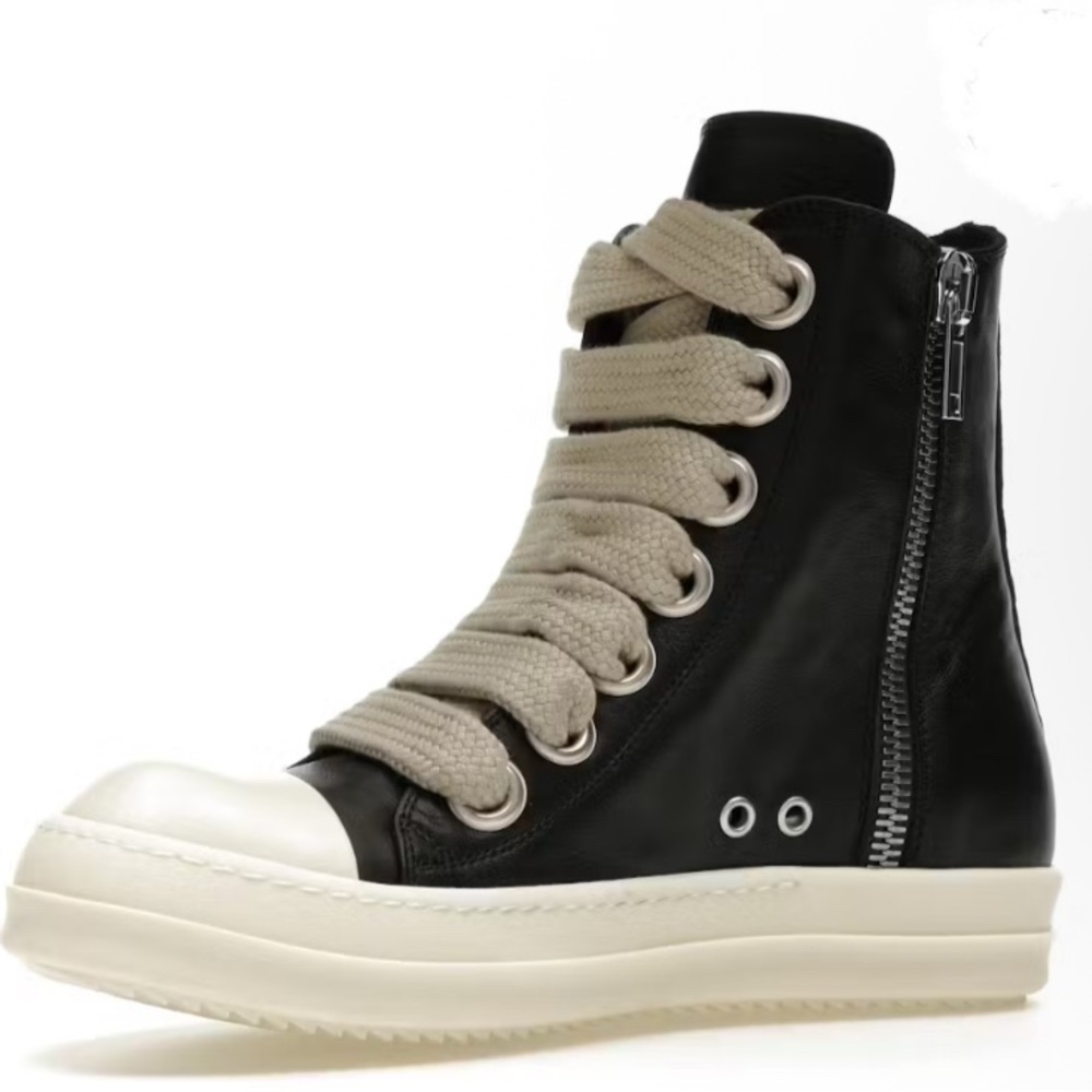 Rick Owens Black and Cream High-Top Sneakers with Side Zipper